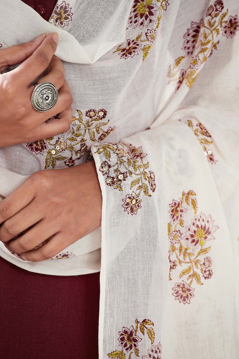 Beige Hand Block Printed Cotton Mul Dupatta