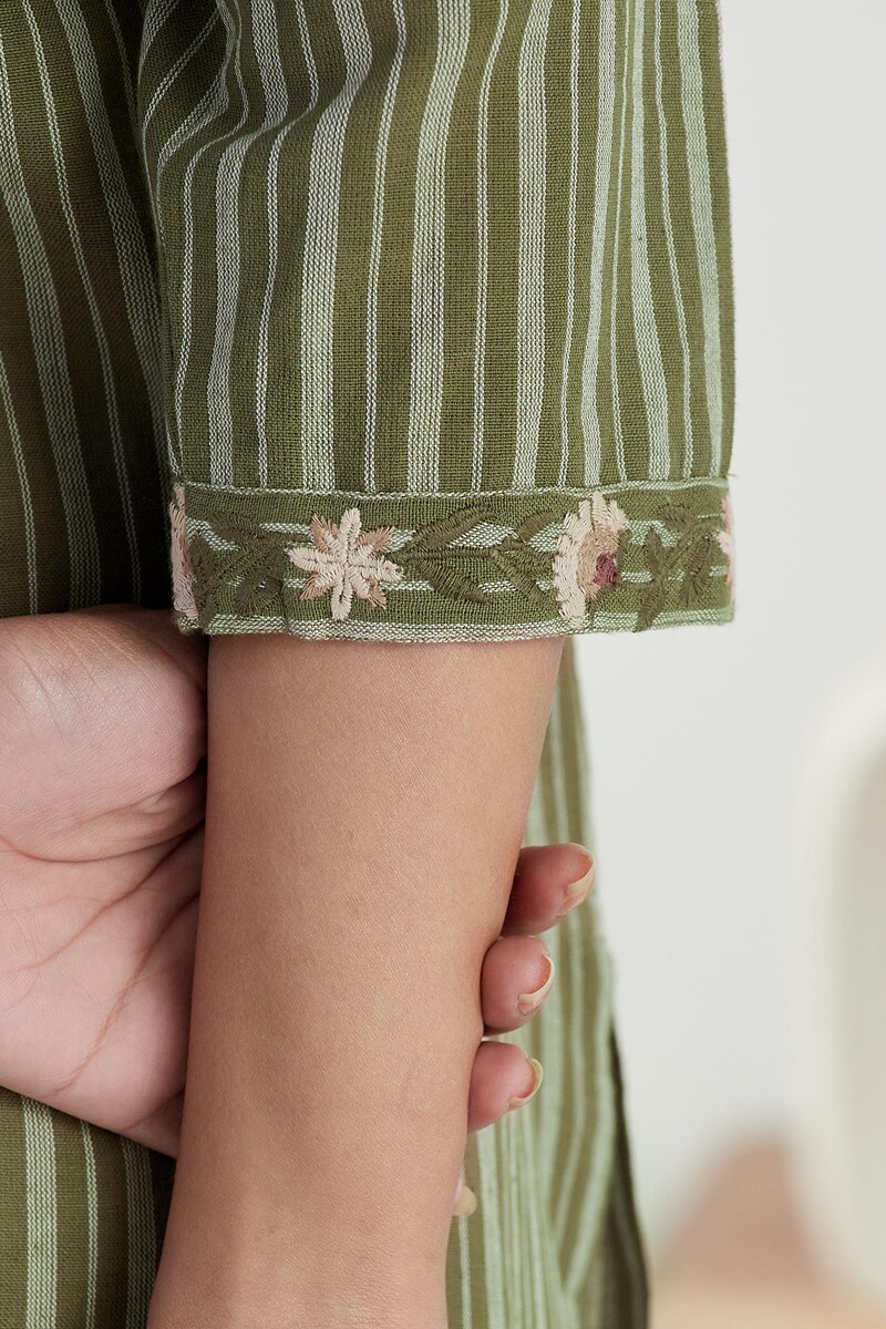 Olive Green Handcrafted Straight Cotton Kurta