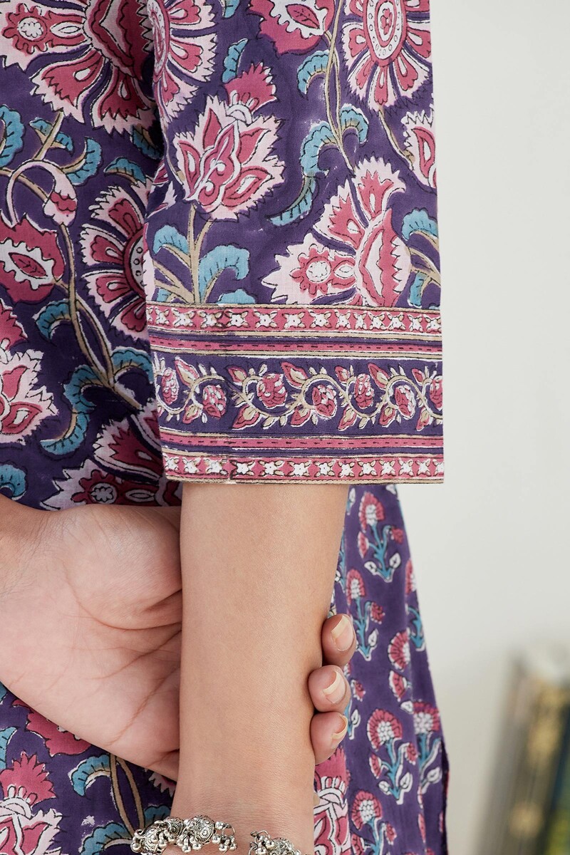 Purple Hand Block Printed Straight Cotton Kurta