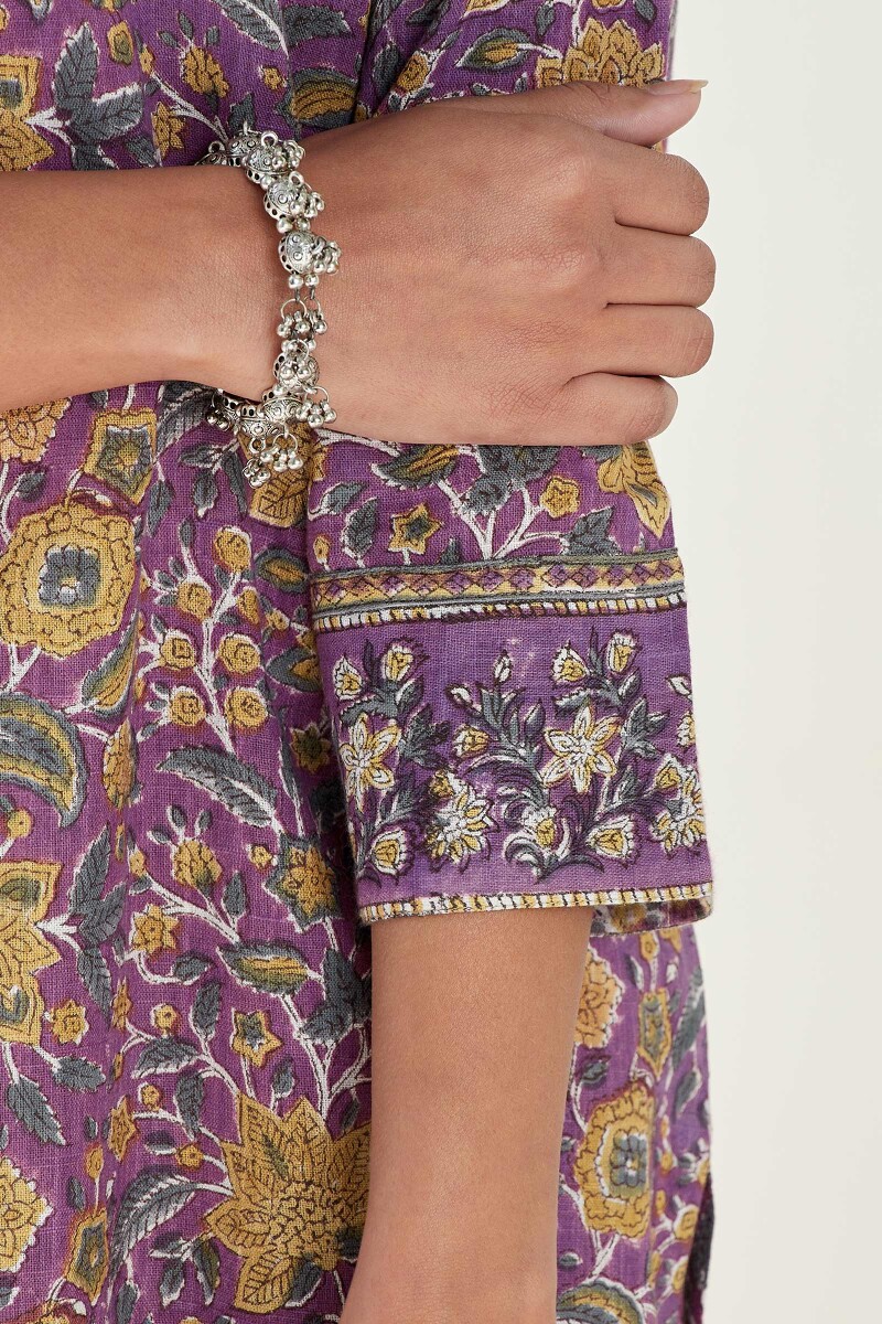 Purple Hand Block Printed Straight Cotton Slub Kurta