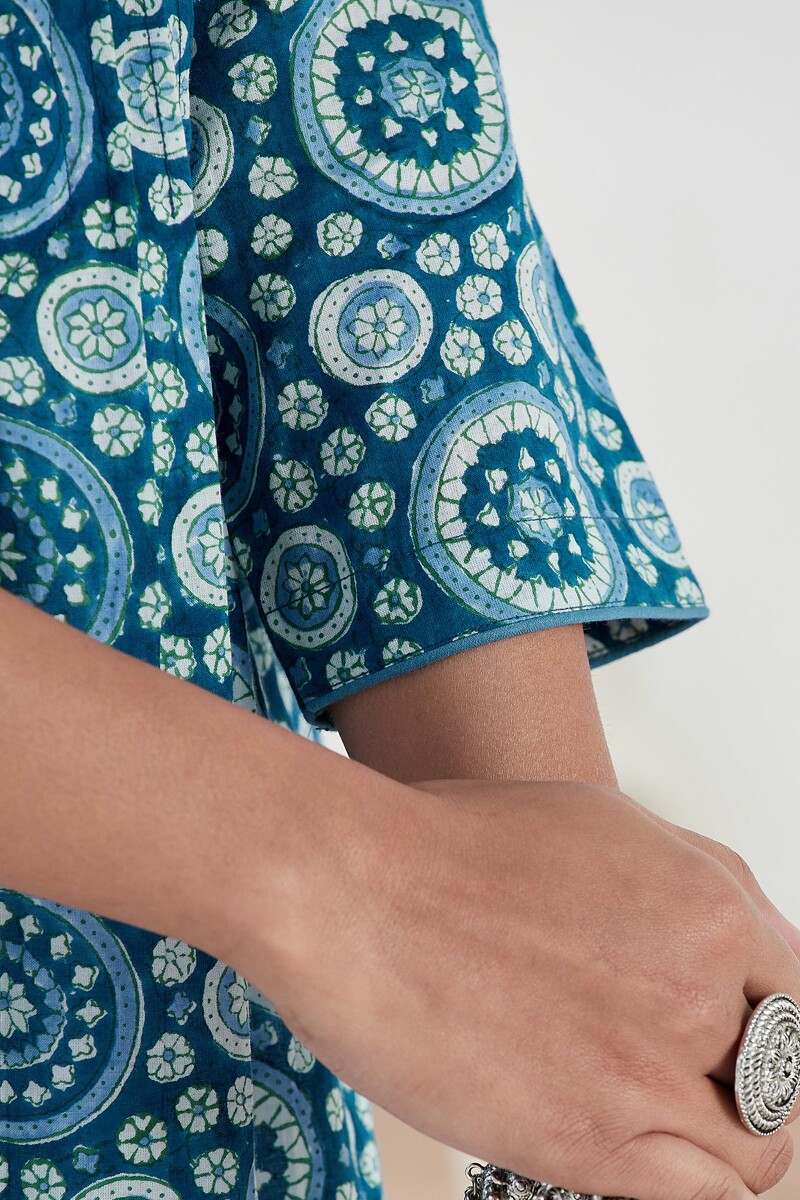 Blue Hand Block Printed Straight Cotton Kurta