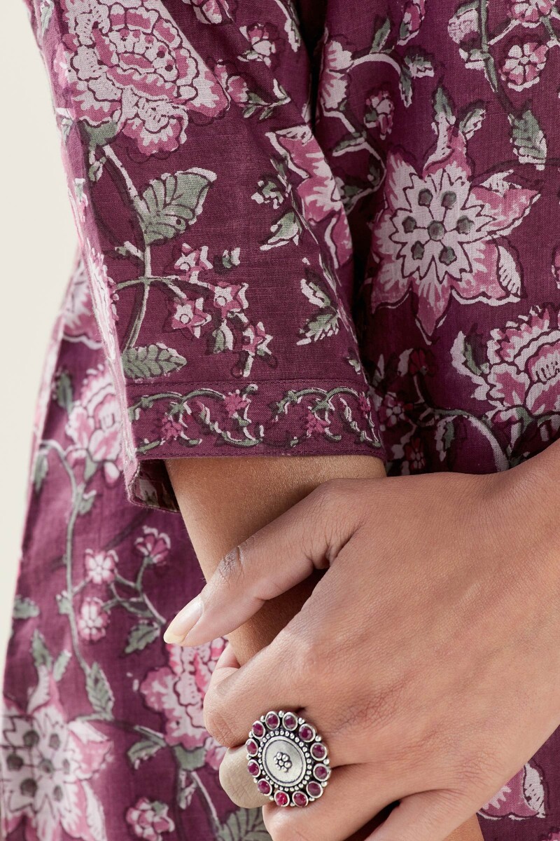 Purple Hand Block Printed Straight Cotton Slub Kurta