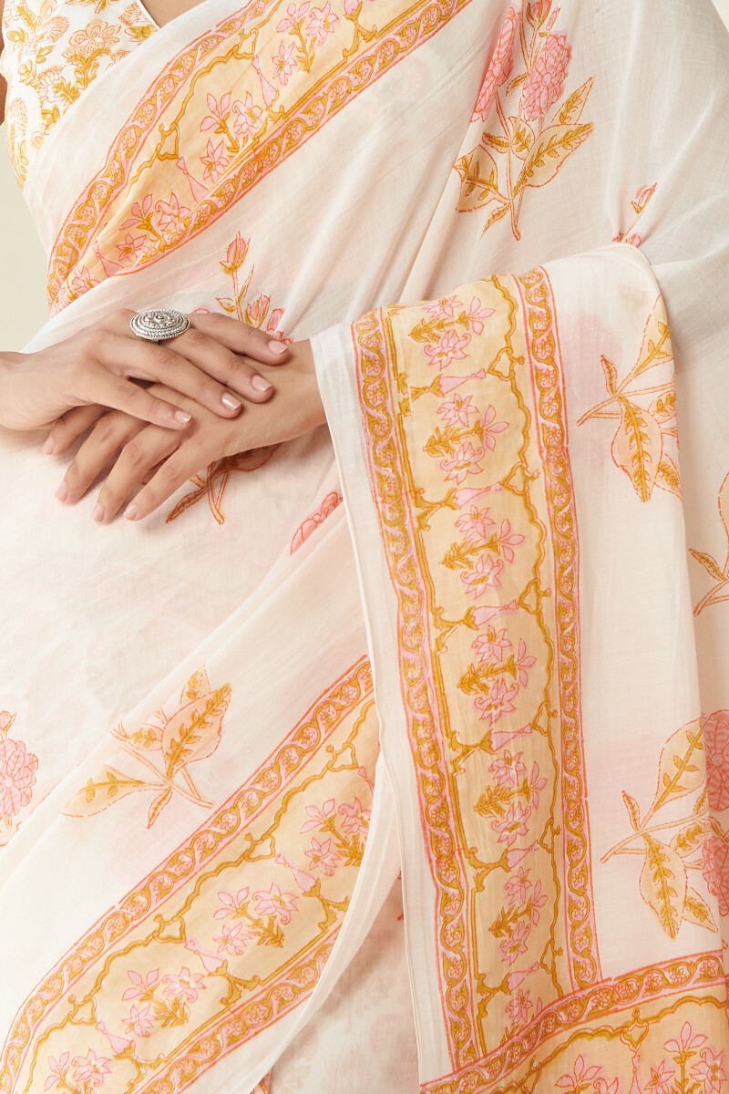 Off-White Hand Block Printed Cotton Silk Saree