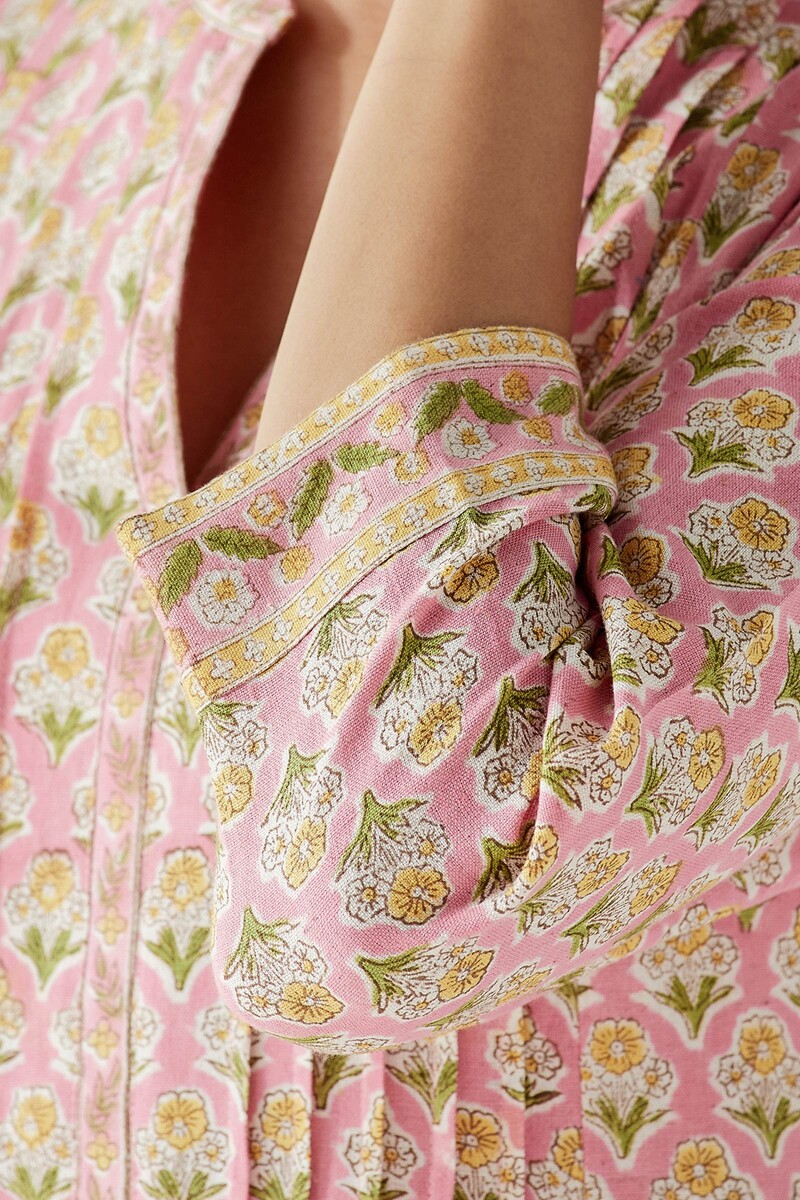 Pink Hand Block Printed Straight Cotton Flax Kurta