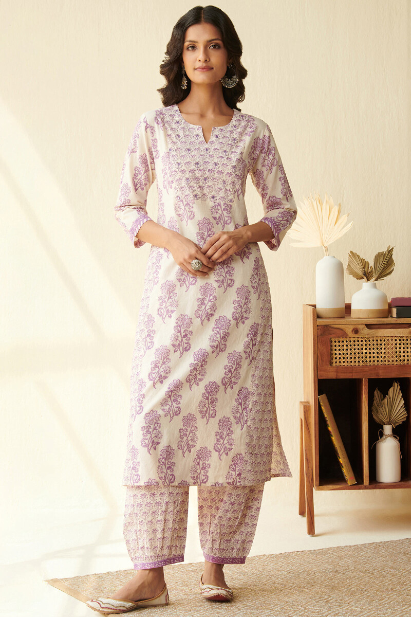 Off-White Hand Block Printed Straight Cotton Kurta