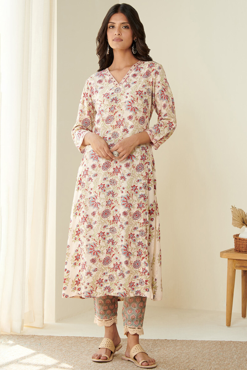 Beige Hand Block Printed Straight Modal Kurta