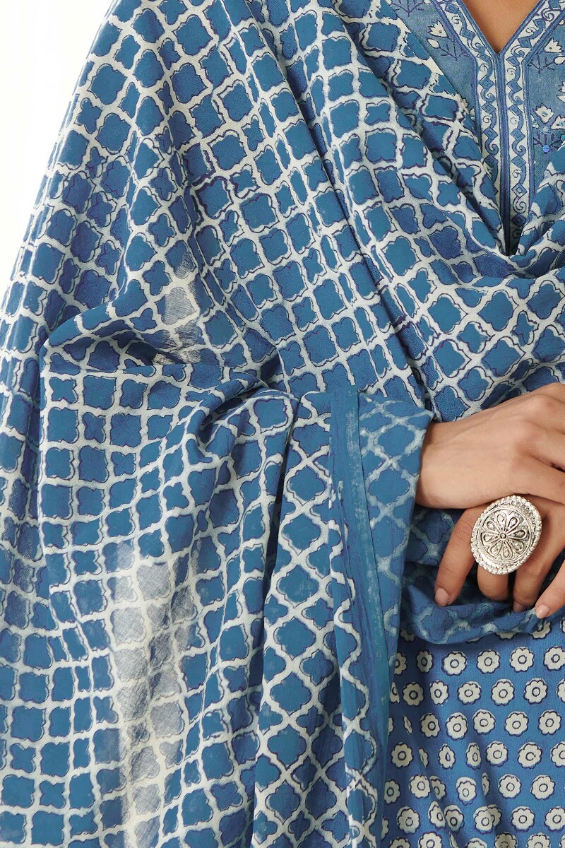 Indigo Hand Block Printed Cotton Mul Dupatta