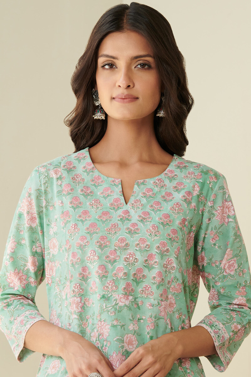 Green Handcrafted Straight Cotton Kurta
