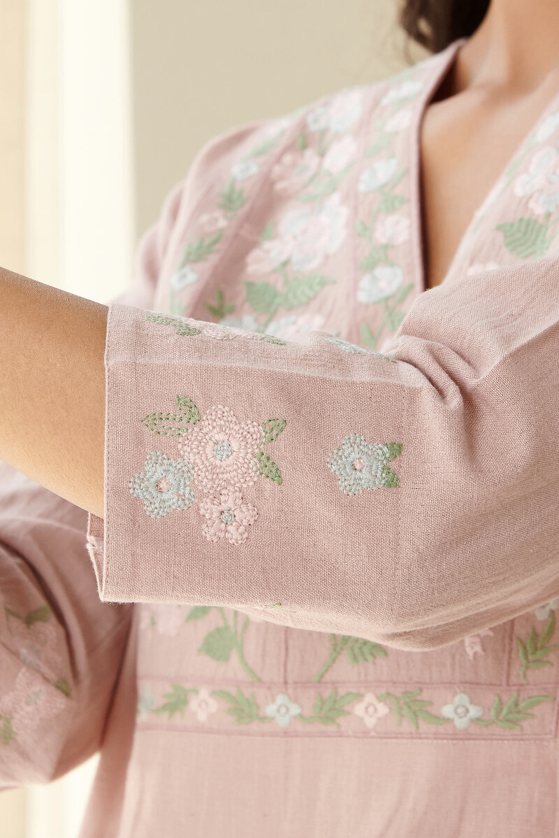 Pink Handcrafted Straight Cotton Flax Kurta
