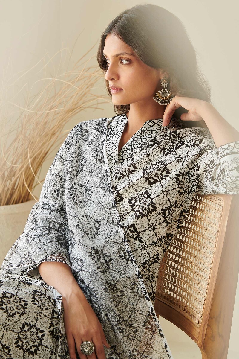 White Hand Block Printed Kota Dupatta