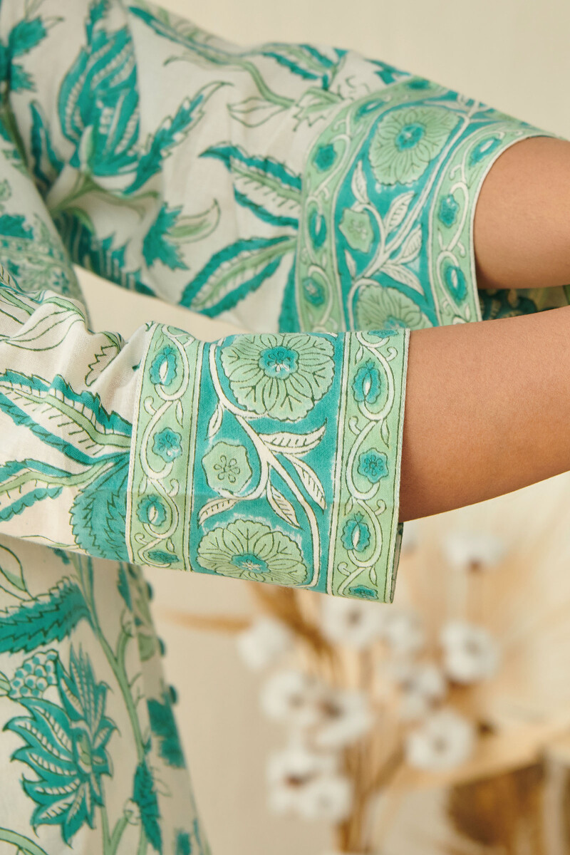 Turquoise Hand Block Printed A-Line Cotton Kurta