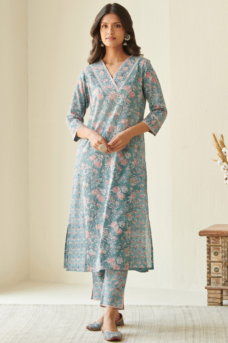 Blue Hand Block Printed A-Line Cotton Kurta