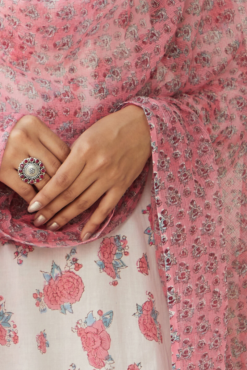 Pink Hand Block Printed Kota Dupatta