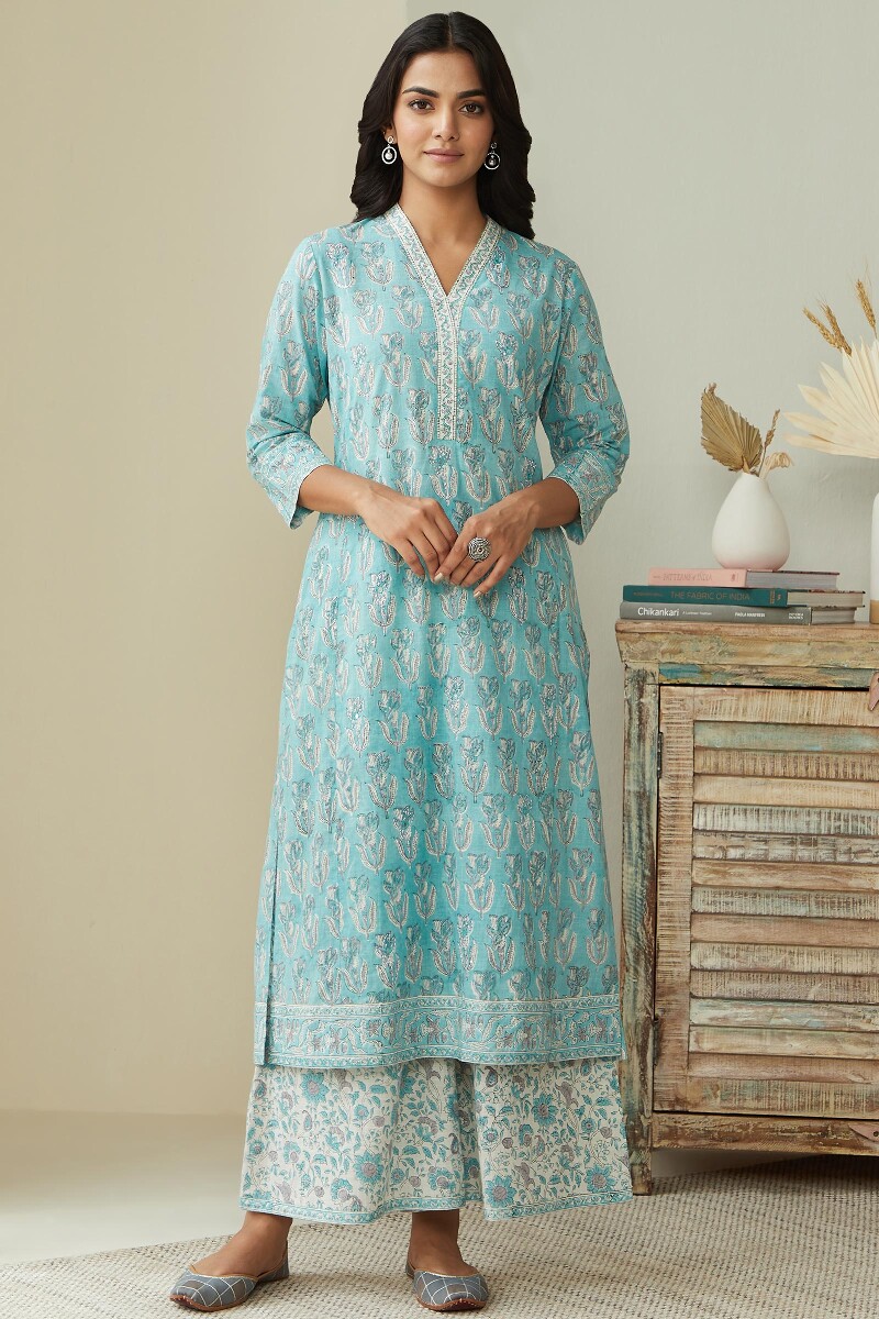 Blue Hand Block Printed Straight Cotton Kurta