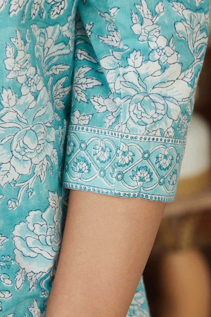 Blue Hand Block Printed A-Line Cotton Kurta