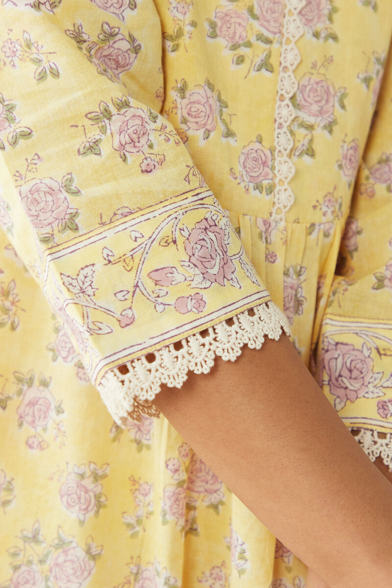 Yellow Hand Block Printed A-Line Cotton Kurta