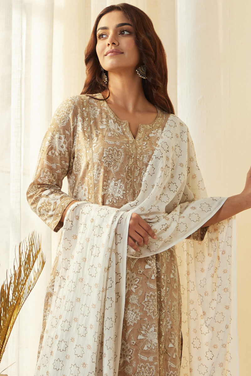 Brown Hand Block Printed Straight Cotton Kurta