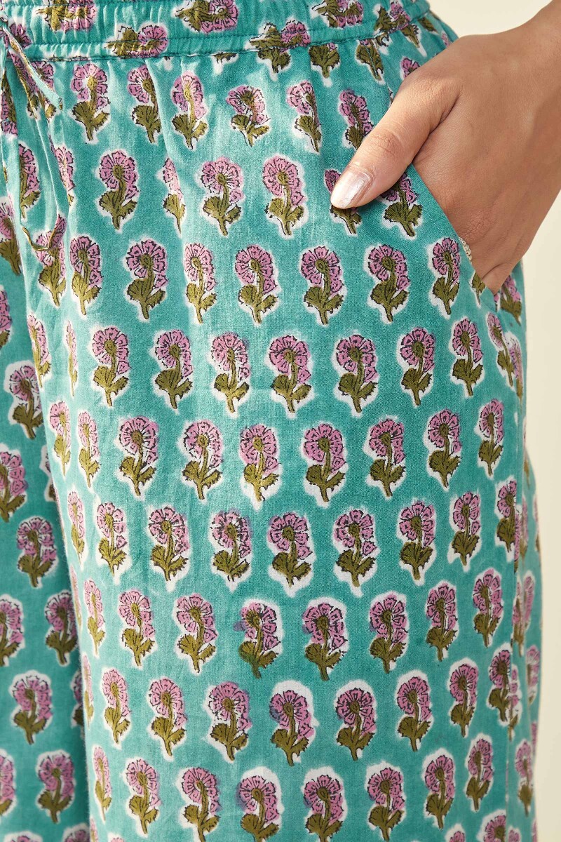 Turquoise Hand Block-Printed Cotton Farsi