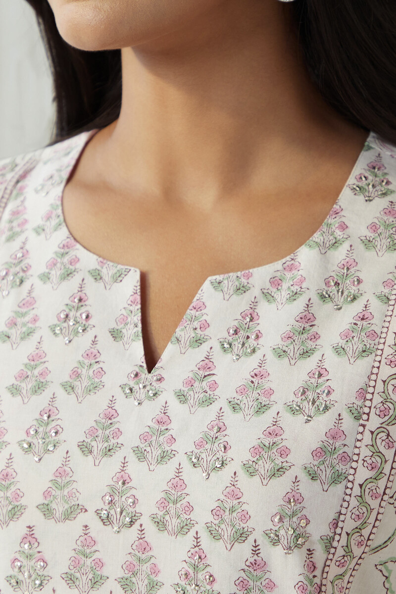 White Hand Block-Printed A-line Cotton Kurta