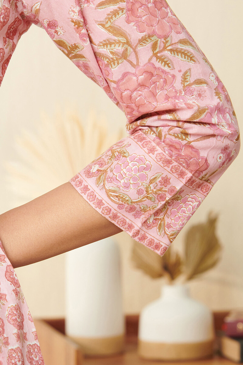 Pink Hand Block Printed Straight Cotton Kurta