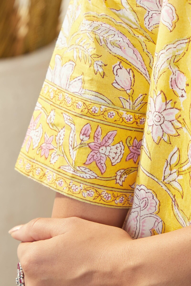 Yellow Hand Block-Printed Straight Cotton Kurta
