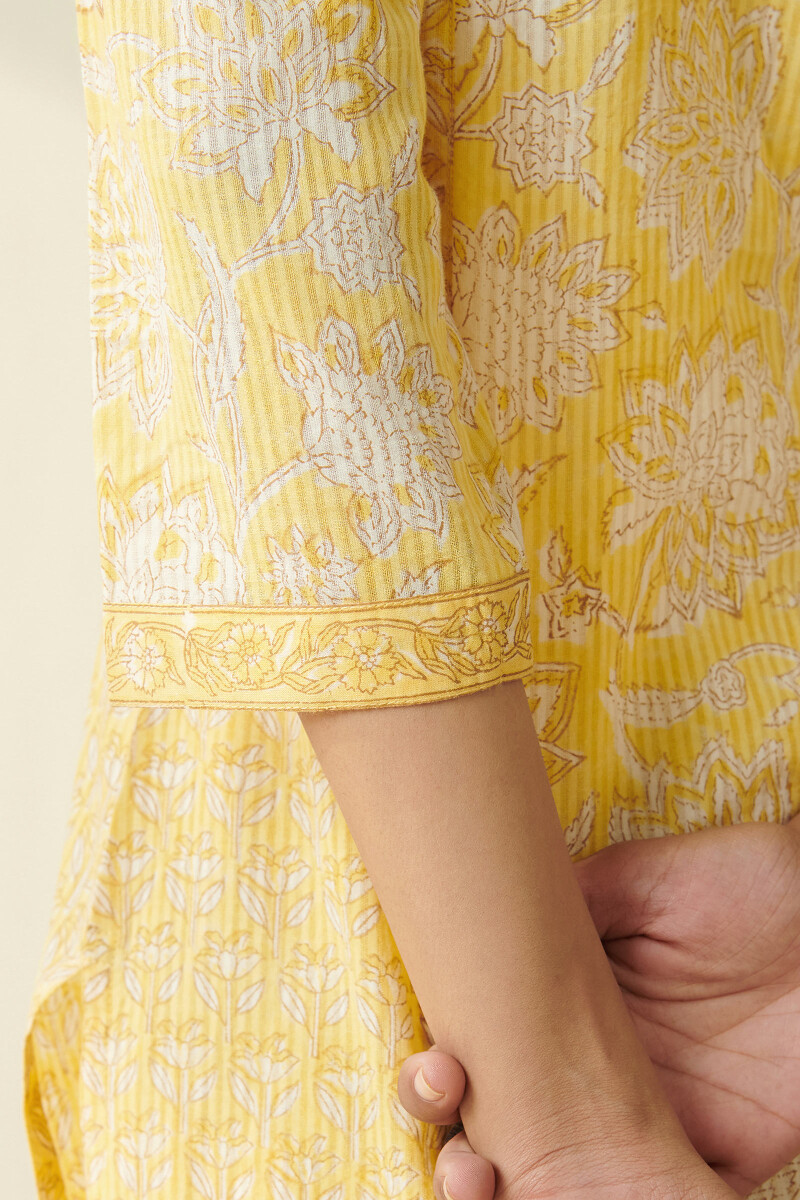 Yellow Hand Block Printed Straight Cotton Dobby Kurta