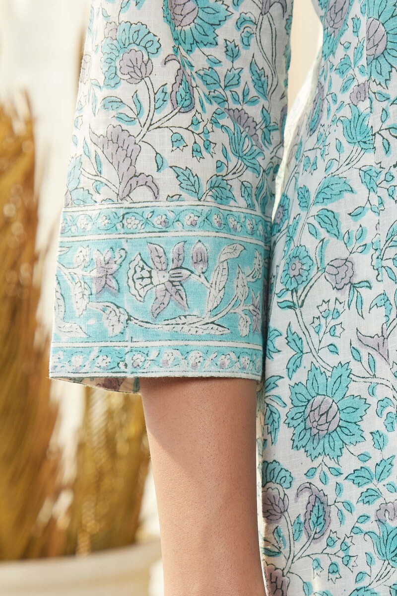 White Hand Block-Printed Straight Cotton Slub Kurta