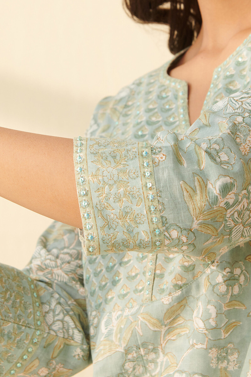 Blue Hand Block Printed Straight Cotton Slub Kurta