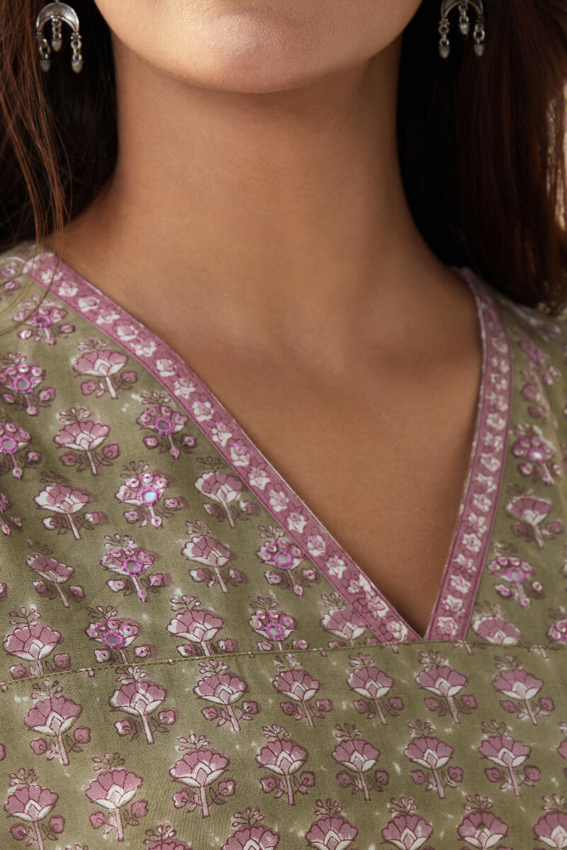 Olive Green Hand Block-Printed Straight Cotton Kurta