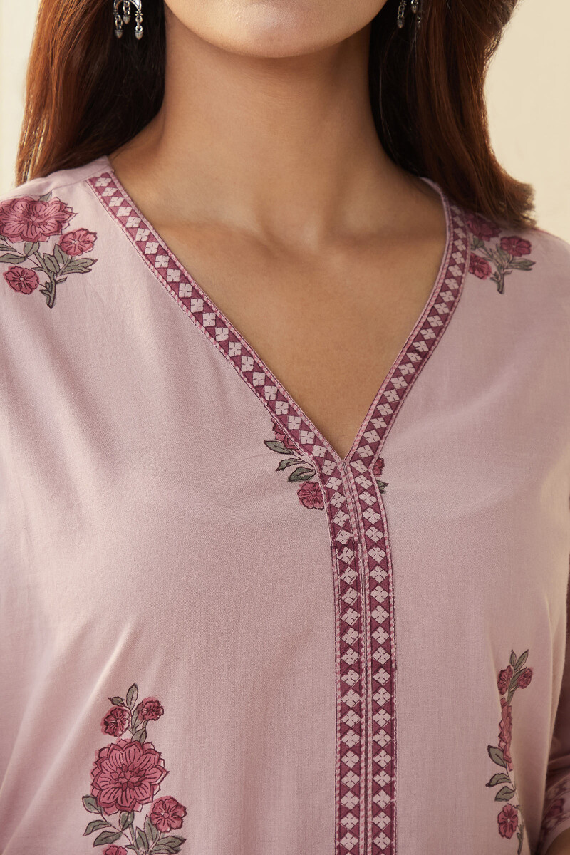 Purple Hand Block-Printed Straight Cotton Kurta