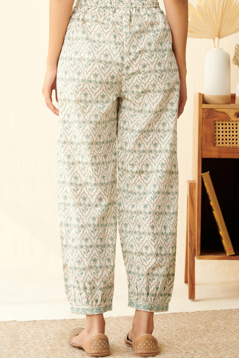 Off-White Hand Block Printed Dobby Izhaar Pants