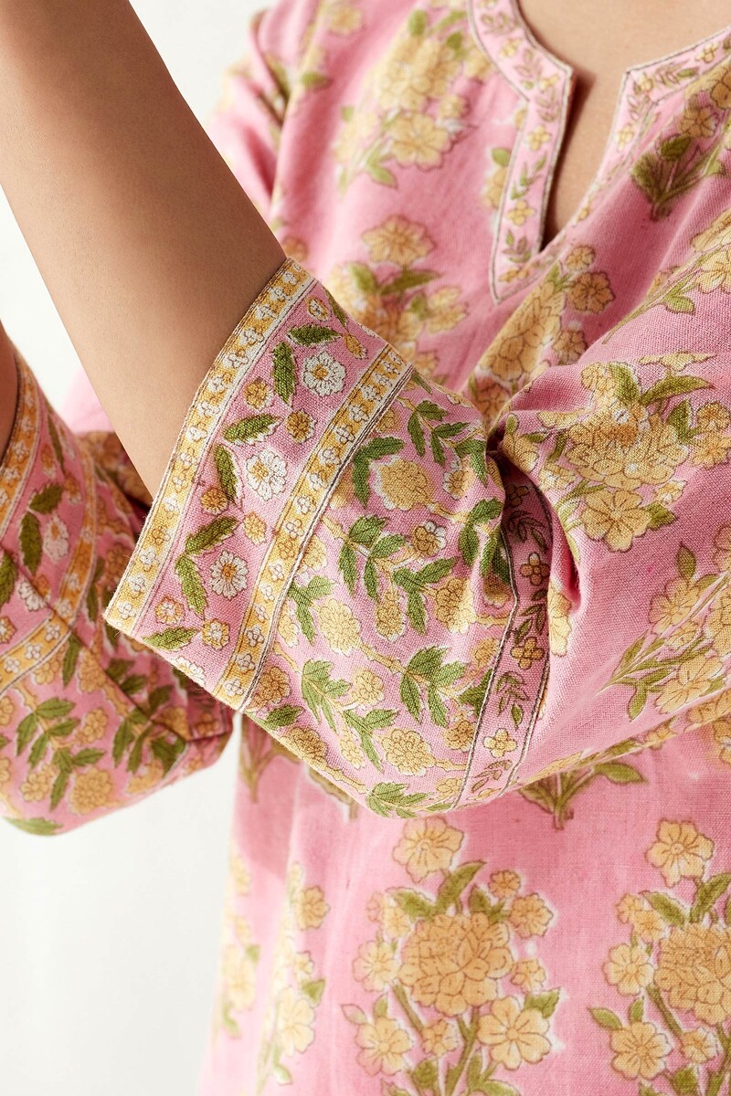 Pink Hand Block Printed Straight Cotton Flax Kurta