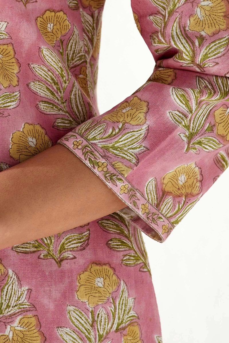 Pink Hand Block Printed Straight Cotton Flax Kurta