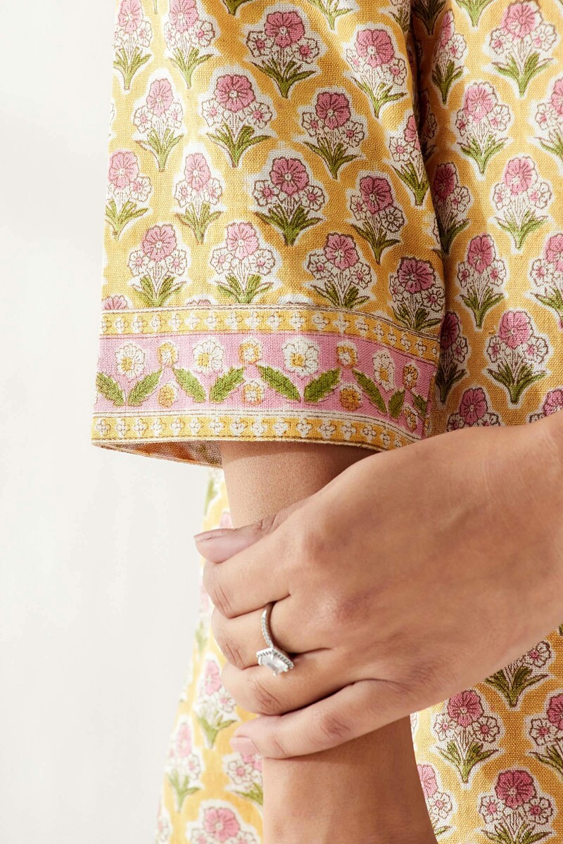 Yellow Hand Block Printed Straight Cotton Flax Kurta