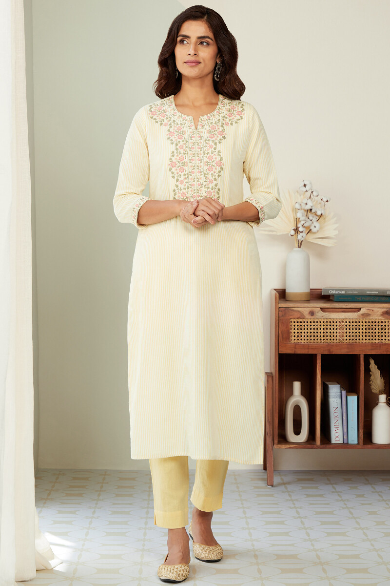 Yellow Handcrafted Straight Cotton Flax Kurta