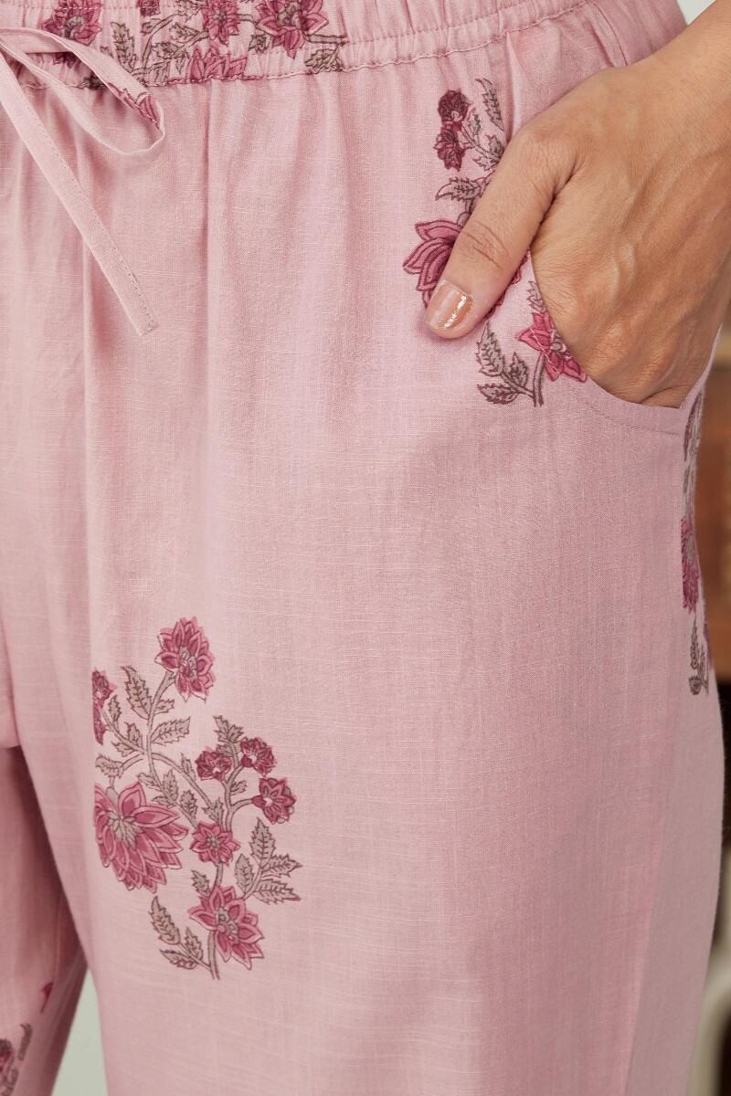 Purple Hand Block-Printed Cotton Slub Narrow Pants