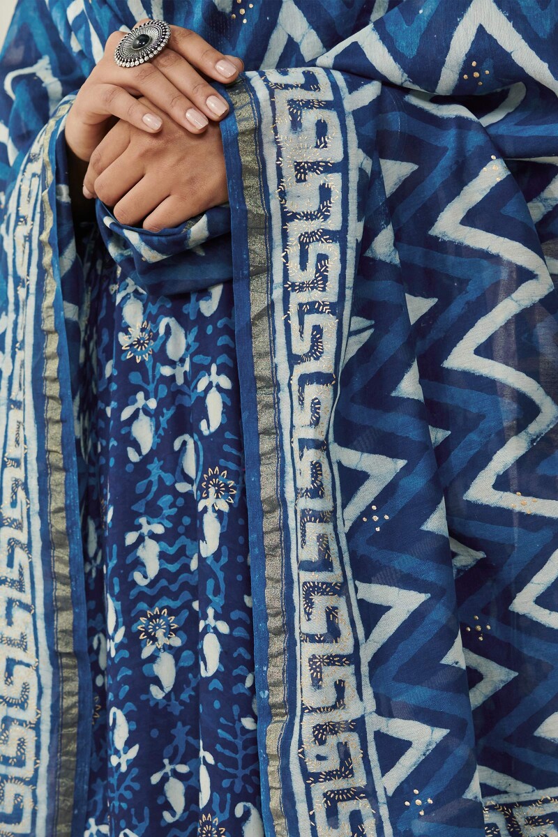 Indigo Hand Block-Printed Chanderi Dupatta