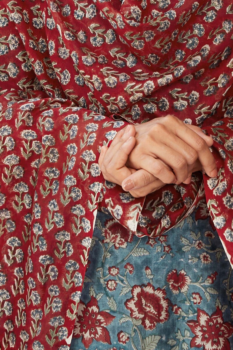 Red Hand Block-Printed Chanderi Dupatta
