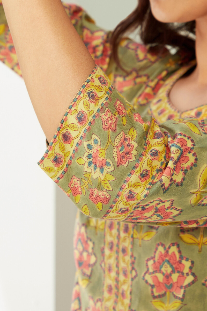 Olive Green Hand Block-Printed Straight Cotton Kurta