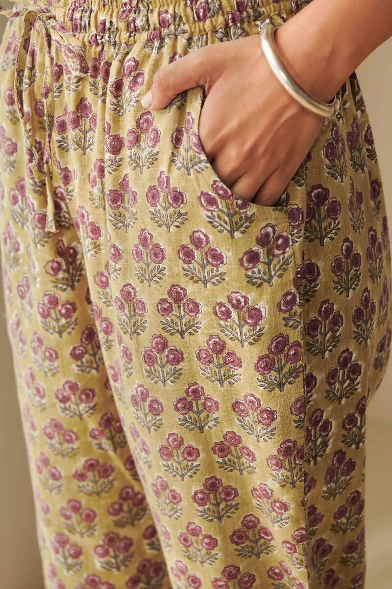 Mustard Yellow Hand Block-Printed Cotton Slub Narrow Pants