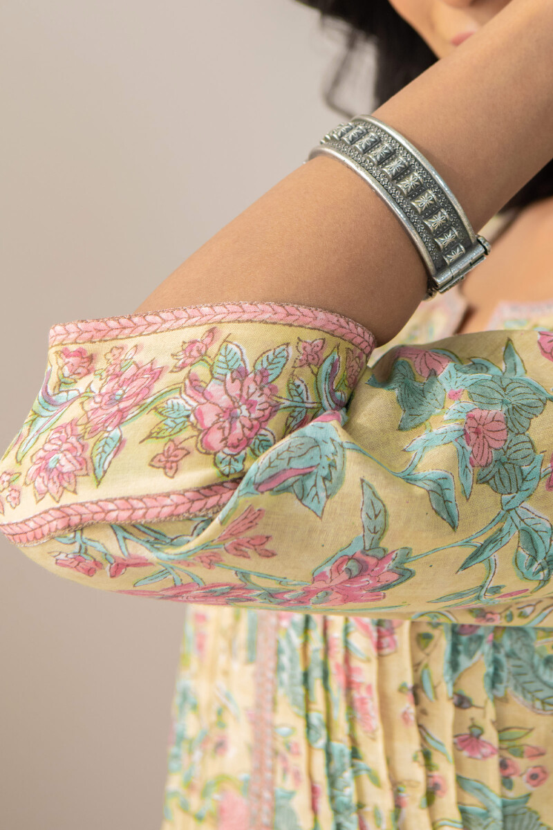 Yellow Hand Block-Printed Straight Cotton Kurta