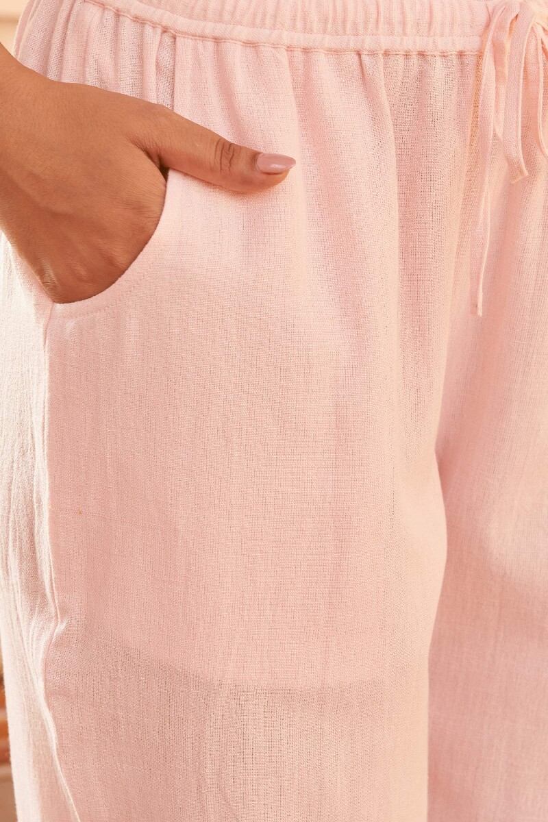 Pink Handcrafted Cotton Flax Narrow Pants