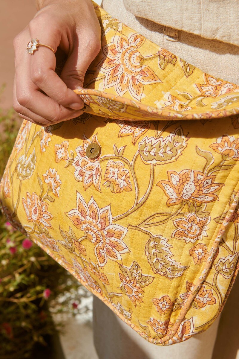 Yellow Hand Block-Printed Cotton Crossbody Bag