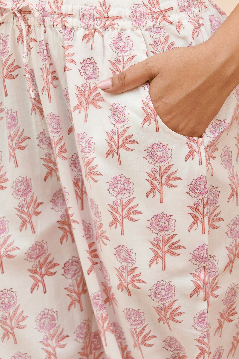 White Hand Block-Printed Cotton Narrow Pants