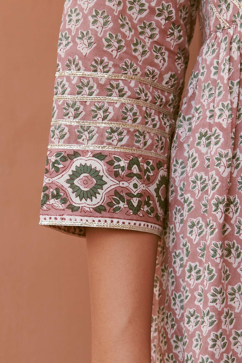 Brown Hand Block-Printed A-Line Cotton Mul Kurta