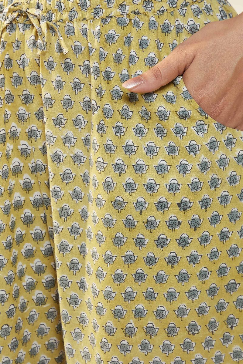 Mustard Hand Block-Printed Cotton Narrow Pants