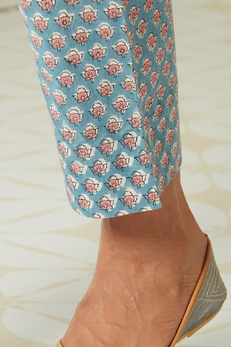 Crystal Blue Hand Block-Printed Cotton Narrow Pants