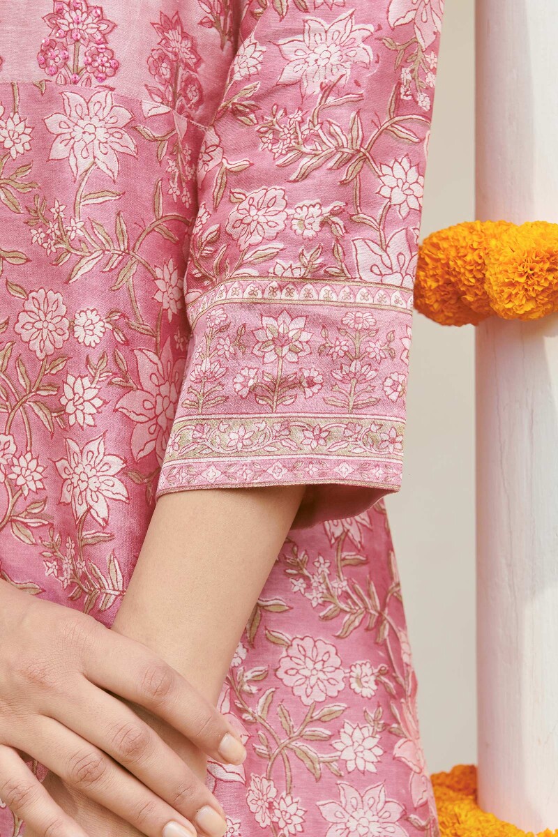 Pink Hand Block-Printed Straight Chanderi Kurta