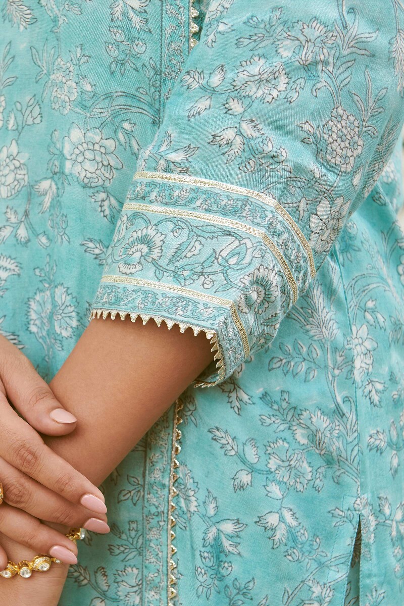 Blue Hand Block-Printed Straight Viscose Kurta
