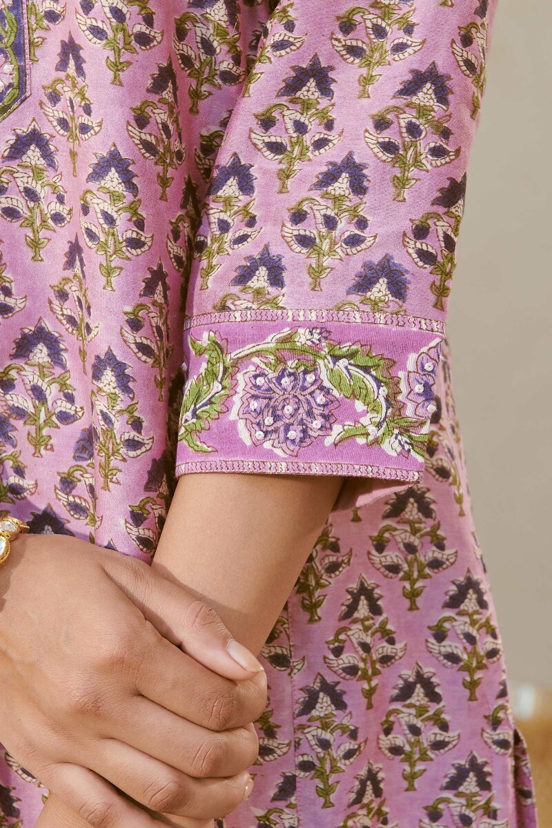 Purple Hand Block-Printed Straight Chanderi Kurta